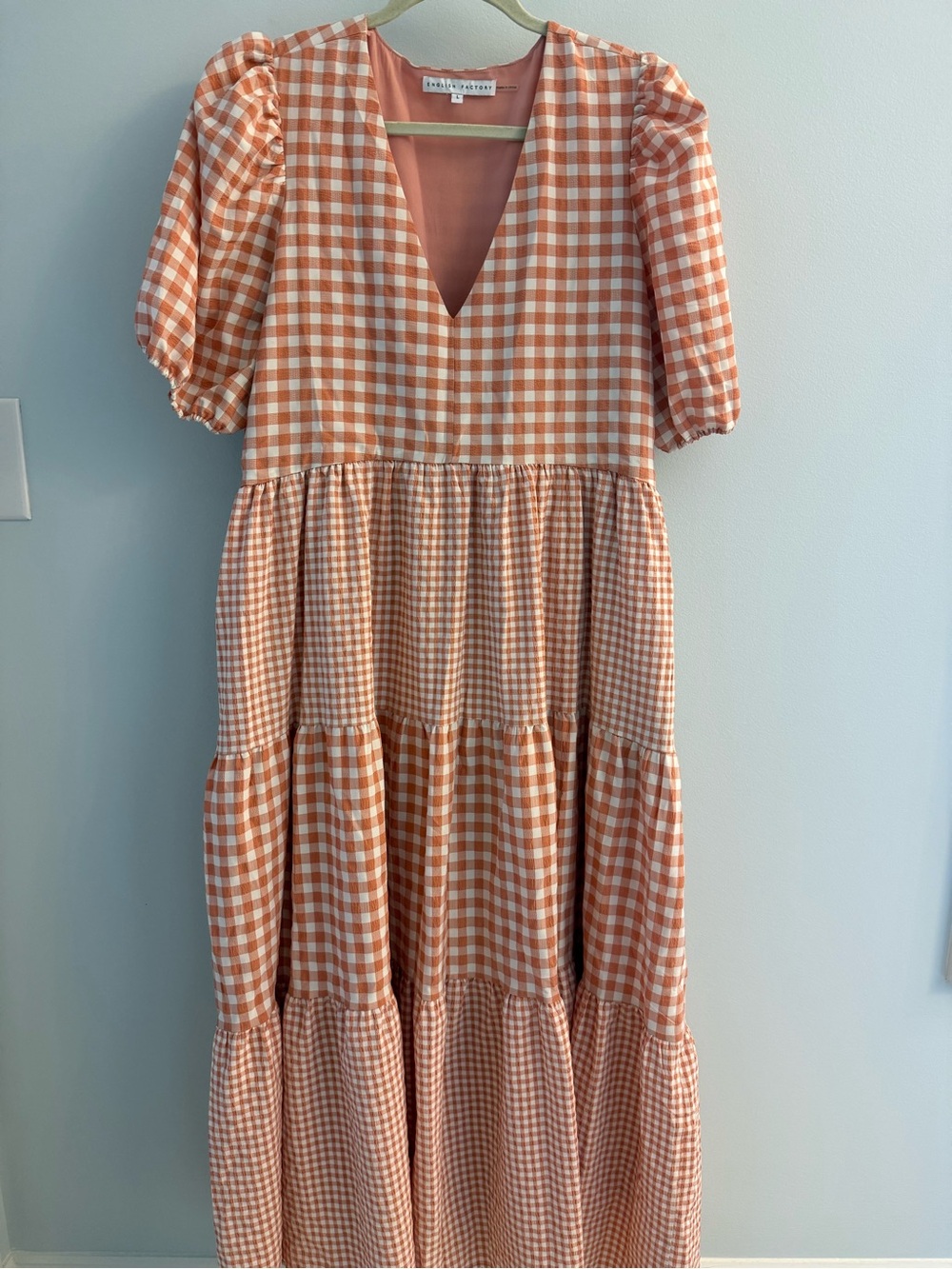 Orange Gingham Tiered Midi Dress